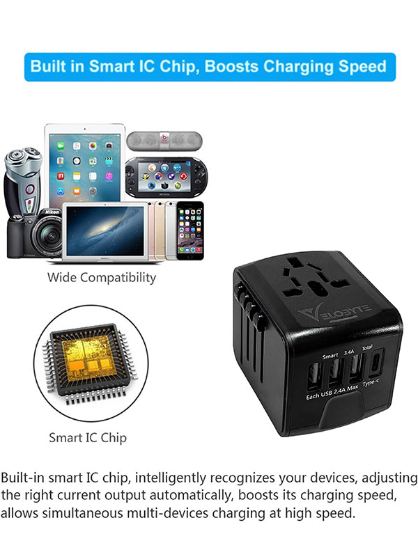 VELOBYTE Universal International Travel Power Adapter - Black